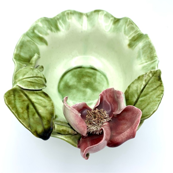 Vintage Majolica Pottery Bowl 8” Green Leaves Pink Capodimonte Raised Flower - Picture 9 of 16